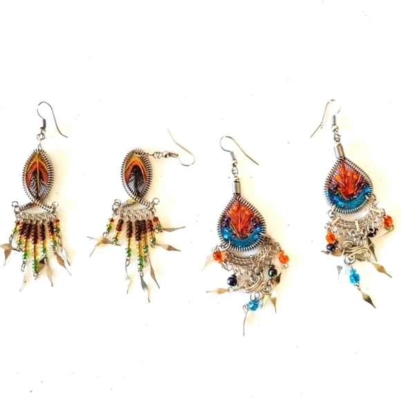 Two pairs of Handcrafted Metallic Thread Bead Dangle Earrings - Picture 4 of 14